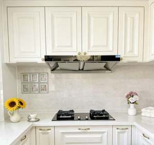 White Elegant Wood Kitchen <b>Cabinets</b> Set with Gold Hardware Under <b>Cabinet</b> Lighting Built-in Range Hood Stove for Kitchen Storage - Product Image 2