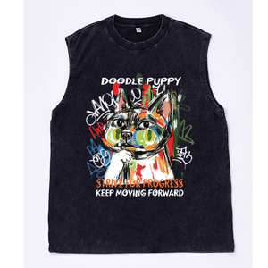 Retro Washed Oversized Abstrakter Pinselstrich-Hund Graffiti-Hintergrunddruck Herren Weste Teenager Lässiges Ärmelloses Tanktop US-Lokal - Product Image 5