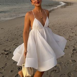 Vestido de Verano Sexy para Mujer al por Mayor, sin Mangas, con Espalda Descubierta, Cuello en V, con Cordones en la Espalda, Dobladillo Plisado Holgado, Mini Vestido para Vacaciones en la Playa - Product Image 1