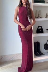 Robe de cocktail pour femme de style européen, dos nu orné de paillettes et fente latérale - une robe de soirée sexy pour femme - Product Image 3