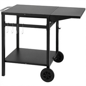 Table de camping pliable à roulettes pour barbecue, 2 étagères, 4 crochets, en acier inoxydable thermolaqué, chariot de service polyvalent pour cuisine et jardin - Product Image 2
