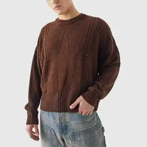 Venta al por mayor Otoño Invierno Hombres Grueso Cable Knit Pure Cashmere Drop Shoulder Crew Neck Pullover Sweater