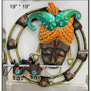 Décoration murale en métal artisanale, finition émaillée peinte à la main, cadre en bois rustique - pour Diwali, célébrations de retraite, méditation à domicile - Product Image 3