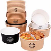 Mangkuk, piring, dan kotak makan sekali pakai dari kertas kraft daur ulang untuk sup, salad, nasi, dan air, dengan embossing dan foil emas, desain kustom.