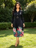 Robe de soirée mi-longue pour femme, de haute qualité, dernière collection, grande taille, élégante, stylée, à volants, imprimé floral, manches longues, plissée Miyake