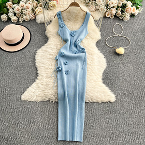 Elegantes Dreidimensionales Blumenkleid für Damen, Langes Strickkleid mit Elastischer Taille und Hüfte - Product Image 2