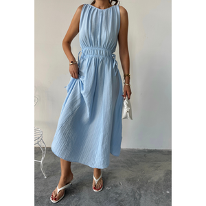 Vestido Maxi Azul de Muselina Sin Mangas con Cintura Elástica, Vestido Casual Talla S - Product Image 3