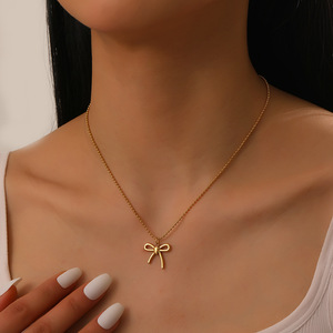 Bowknot Pendant Necklace Gold Plated Stainless Steel Chain Elegant Gift Jewelry - Product Image 3