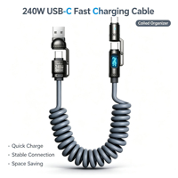 Câble USB rétractable à ressort hélicoïdal 240W 4 en 1 multi-ports avec affichage numérique pour smartphone