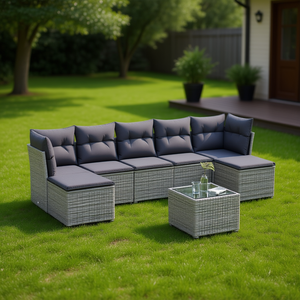 Ensemble de canapés de jardin en rotin gris 6 places, mobilier d'extérieur au design contemporain, structure en acier avec table en verre trempé - Product Image 2