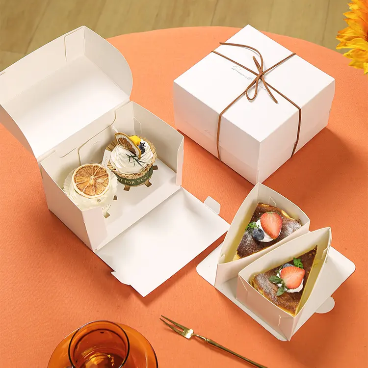 Caixas de papel transparente para cupcake, tamanho personalizado, embalagem dobrável e reciclável para bolos de casamento, logotipo de qualidade alimentar
