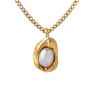 Fashion Jewelry Freshwater Pearl Necklace Stainless Steel Gold Plated Irregular Oval Single