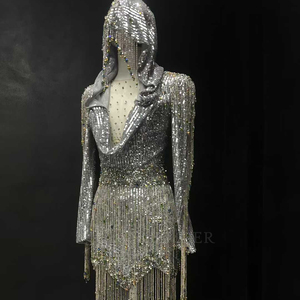 Nt13 Sequin Hooded Evening <b>Dress</b> <b>Silver</b> Fringe Long Sleeve Short Party <b>Dress</b> Jancember - Product Image 6