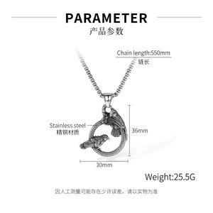 트렌디한 남성용 스테인리스 스틸 목걸이, 원형 링 펜던트에 이중 까마귀 장식, 개성 있는 남성용 목걸이 액세서리 - Product Image 2