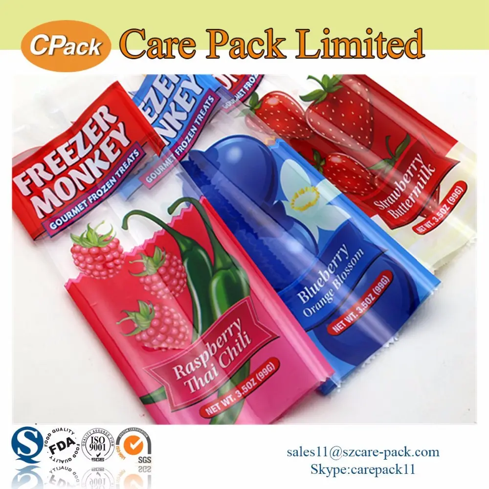 OEM ODM BPA FREE PLA plastic wrapper ice pop ghiacciolo cream imballaggio per uso alimentare bustina per gelato sacchetti personalizzati con 3 guarnizioni laterali