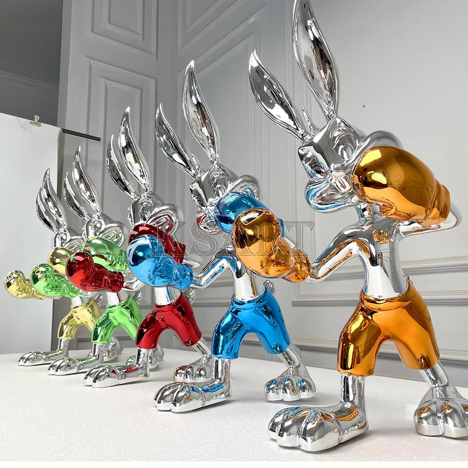 Decorative Creative Resin Bunny Girl Boxing Rabbit Statue
