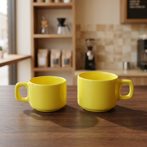 Juego de 2 tazas de cerámica amarillas, diseño minimalista de color sólido, resistente al calor, apto para lavavajillas, apto para microondas, uso doméstico - Product Image 3