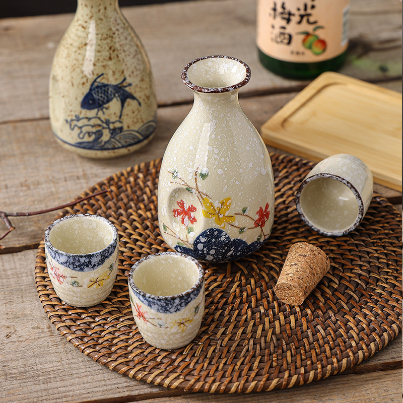 Japanese Vintage Ceramic Sake Bottle and Cups with Cork Screw Cap
