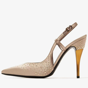 Sandalias de tacón alto de seda doradas para mujer, con punta, correa trasera, pedrería pequeña, estilo stiletto, slingback, para verano - Product Image 2