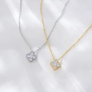 4 Leaf Clover CZ Diamond Charm Fine 18k Gold 925 Sterling Silver Necklace Jewelry Sets