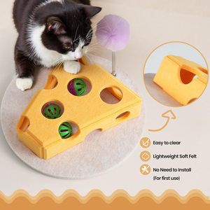 Jouet interactif pour chat en laine écologique, distributeur de friandises durable en feutre en forme de fromage, avec boule sonore et baguette de stimulation - Product Image 4