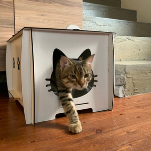 Maison d'intérieur décorative en bois de style moderne avec deux pots d'alimentation à fermeture par bouton pour petits animaux, chatons ou chiens - Product Image 2