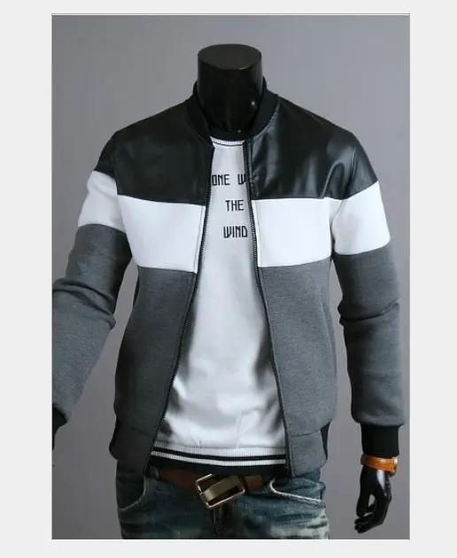 wholesale fashion winter patchwork long sleeve jacket zip up men leather jacket