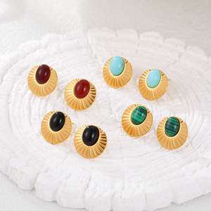 Boucles d'oreilles en acier inoxydable doré à dentelle plissée en pierre naturelle, boucles d'oreilles à clous polyvalentes, boucles d'oreilles rétro françaises pour femmes - Product Image 2