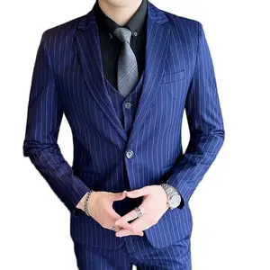 Büyük boy S-5XL (takım elbise + yelek + pantolon) çizgili tek göğüslü moda trendi ince resmi iş rahat erkek takım elbise