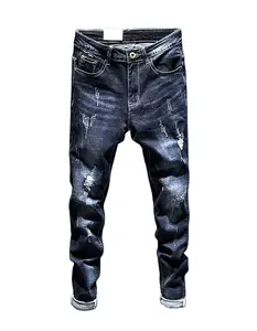 High Quality Men's Denim Jeans Slim Fit Hip Hop Blue Vintage Distressed Ripped with Zipper Thick Fabric Material