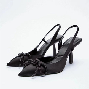 Sandalias de tacón fino con lazo, estilo nupcial, punta en pico, color negro, para mujer, 8 cm, ligeras, para primavera/verano, directo de fábrica - Product Image 6