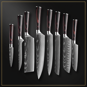 Lot <span class=keywords><strong>de</strong></span> 8 <span class=keywords><strong>Couteaux</strong></span> <span class=keywords><strong>de</strong></span> Cuisine Professionnels 8 Pouces en Acier Inoxydable 3Cr13 Motif Laser Damas pour Trancher et Santoku - Product Image 1