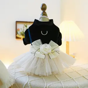 Spring Autumn Cat Pet Clothing Black Velvet Bow Princess Dog Dress Traction Buckle Suitable for Small and Medium Dogs