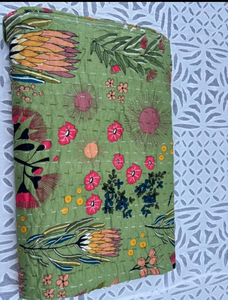 Hand Block Print Cotton Kantha <b>Bedspread</b> – Handmade Indian Floral Quilt, Traditional <b>Quilted</b> Coverlet for Twin & King Size - Product Image 2