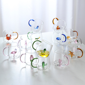 Bicchieri in Vetro Borosilicato Trasparente Personalizzabili con Motivi 3D di Animali Carini, Tazze per Tè e Caffè con Manico Colorato - Product Image 1