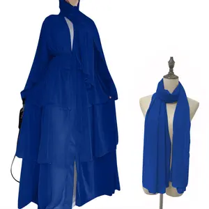 3 Schichten offene islamische Kleidung muslimische Kleider bescheiden Khimar Hijab Abaya Dubai Türkei Arabisch Oman eleganter Chiffon Kimono für Damen