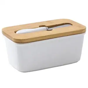 高品质食品奶酪密封储物盒矩形陶瓷黄油容器带刀