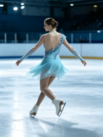 Robe de patinage et de danse dégradé bleu clair pour enfants et adultes, en maille transparente à manches longues, avec dos orné de fleurs et de paillettes, pour spectacle de patinage artistique