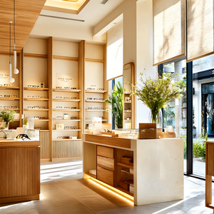 Negozio di vendita al dettaglio ottico contemporaneo con mensole aperte a gradini e vetrine luminose rotonde - Product Image 5