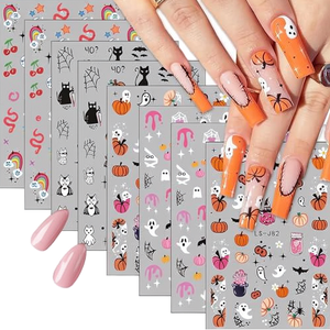 8 autocollants 3D mignons pour <span class=keywords><strong>ongles</strong></span> d'Halloween, motifs effrayants auto-adhésifs en papier, fournitures DIY pour <span class=keywords><strong>ongles</strong></span>, motifs <span class=keywords><strong>sorcière</strong></span>, toile d'araignée, chauve-souris, citrouille - Product Image 1