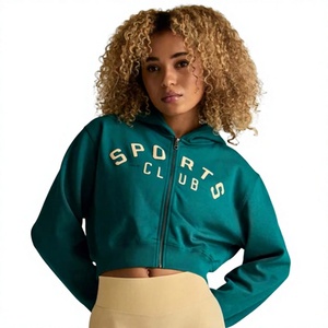 Women's <b>Green</b> <b>Cropped</b> Hoodie Zip-Up Sweatshirt With Sports Club Logo Front Knitted Autumn Wear - Product Image 1