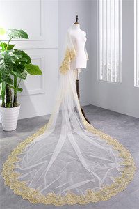 ROMANTIQUE <span class=keywords><strong>Or</strong></span> Femmes Mariée Dentelle Appliques Longue Cathédrale Deux Couches Voile De Mariage - Product Image 2