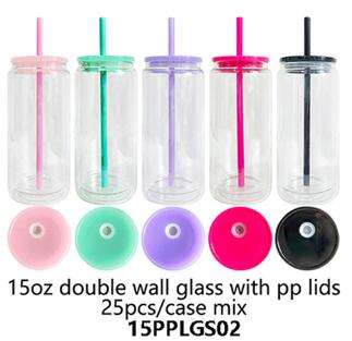 15PPLGS02  15oz double wall glass with pp lids 25pcs