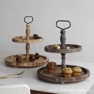 Wooden Tiered Dessert Stand Double Layer With Handle For Kitchen Serving <b>Trays</b> Decorative Display Rack - Product Image 4