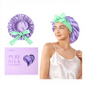 Cadeaux de fête avec logo personnalisé 22 Momme <span class=keywords><strong>Bonnet</strong></span> en soie grand <span class=keywords><strong>bonnet</strong></span> à cheveux double couche avec bandeau à nouer <span class=keywords><strong>Bonnet</strong></span> en soie pour les femmes qui dorment faveurs - Product Image 1