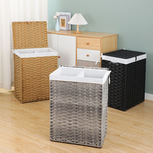 Plastic Wicker Laundry <b>Basket</b> With Lid Rectangle <b>Foldable</b> Clothing Organizer For Laundry Room Canvas Liner Standing Type - Product Image 2