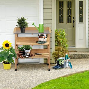 Table de jardin <span class=keywords><strong>en</strong></span> bois pour la horticulture avec plateau <span class=keywords><strong>en</strong></span> métal, étagère de rangement et 3 crochets, peinte - Product Image 4