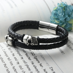 yunnique Skull <b>Bracelet</b> Black Braided Leather Titanium Steel Charm Unisex Jewelry - Product Image 3