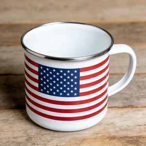 8oz 12oz 16oz Outdoor Travel Souvenir Gifts US Flag Print Custom logo Brand White Metal Enamel Coffee Cup Mug With Handle
