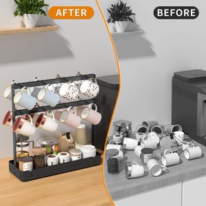 Movable Hook Coffee Cup Holder 3 Tier Black Standing Mug Rack With Storage <b>Tray</b> For <b>Kitchen</b> Utensils - Product Image 3